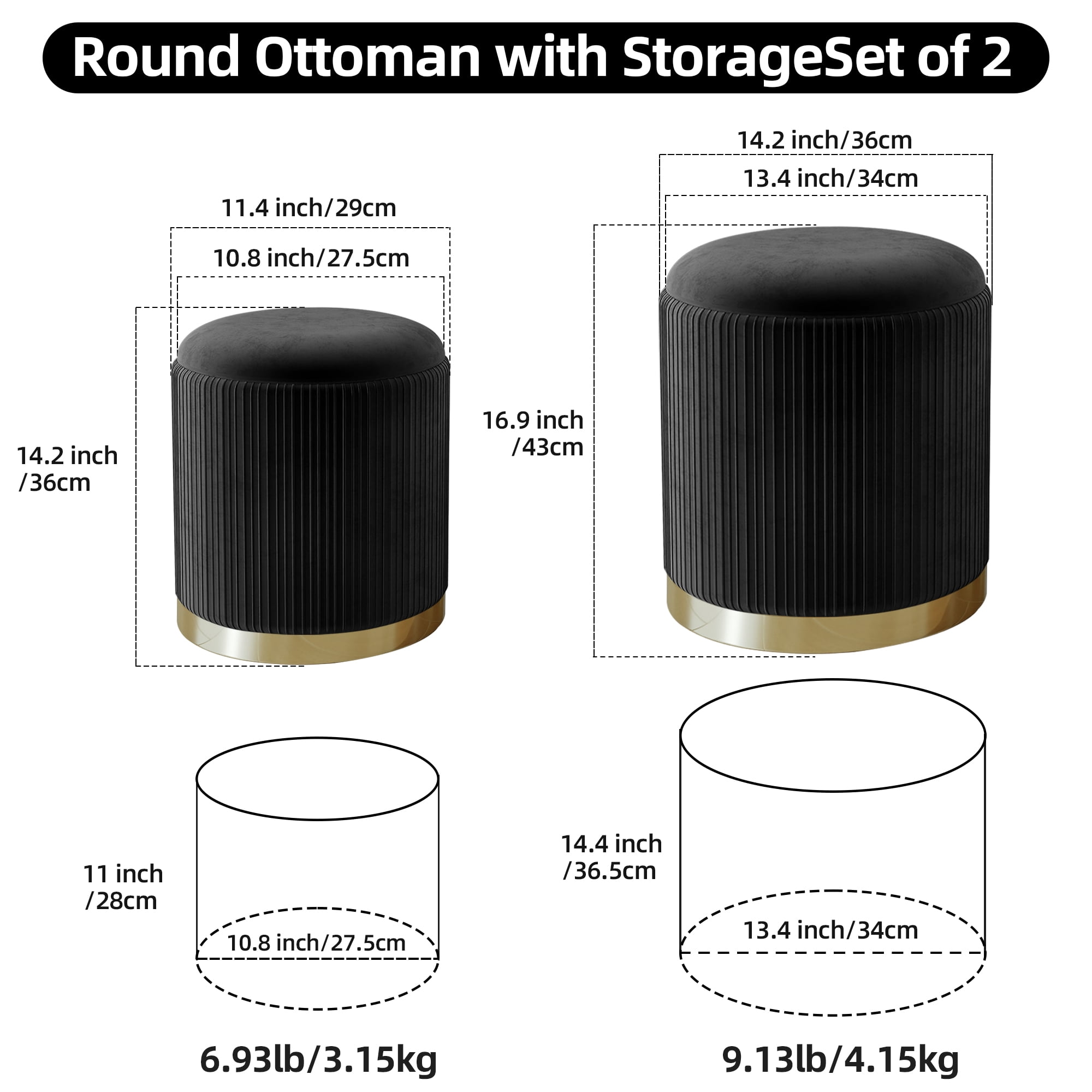 Caroeas 2 Pack Round Ottoman with Storage, Upholstered Velvet Storage Ottoman with Gold Trim, Vanity Stool for Makeup, Ottoman Foot Rest for Living Room, Bedroom, Black