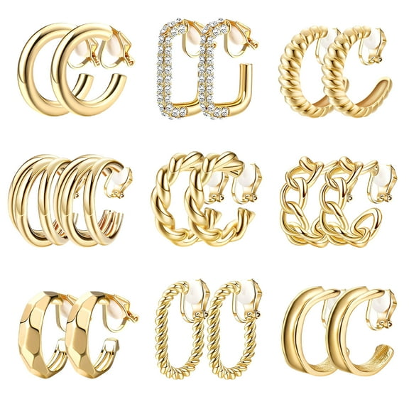 DESIGNICE 9 Pairs Gold Clip on Earrings for Women 14K Gold Plated Chunky Clip on Hoop Earrings Non-Pierced Fake Earrings Set