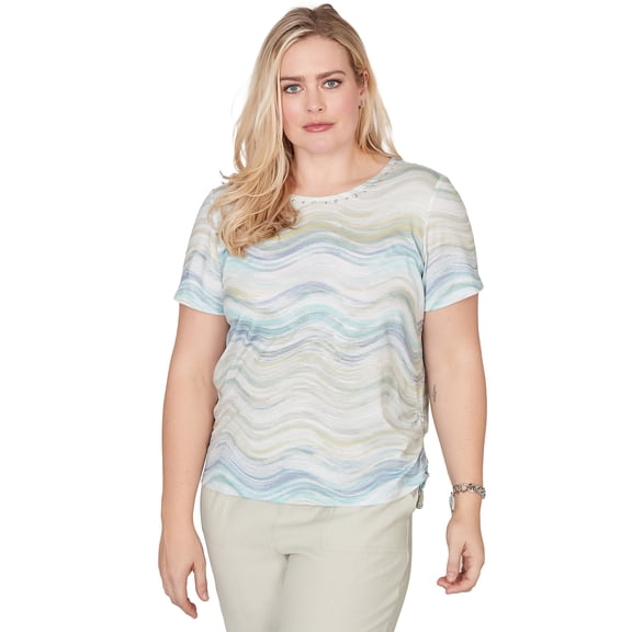 Alfred Dunner Womens Wavy Biadere Side Tie Ruched Tee