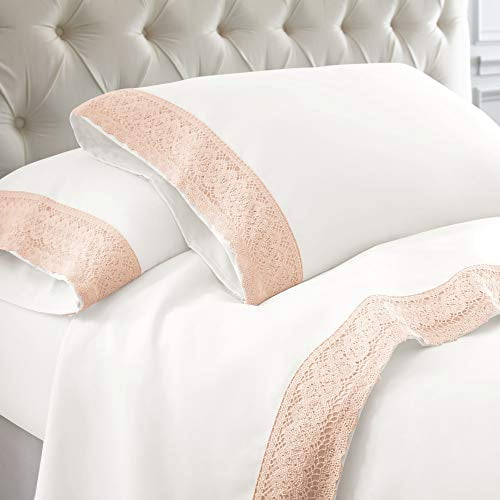 Amrapur Overseas 4-Piece Crochet lace Microfiber Sheet Set White/Blush lace King