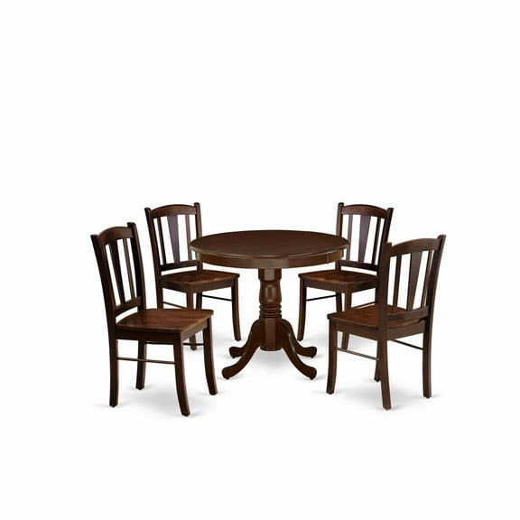 East West Furniture 5-Piece Dining Room Table Set- 4 Wooden Chairs and Kitchen Table - Wooden Seat and Slatted Chair Back - Mahogany Finish