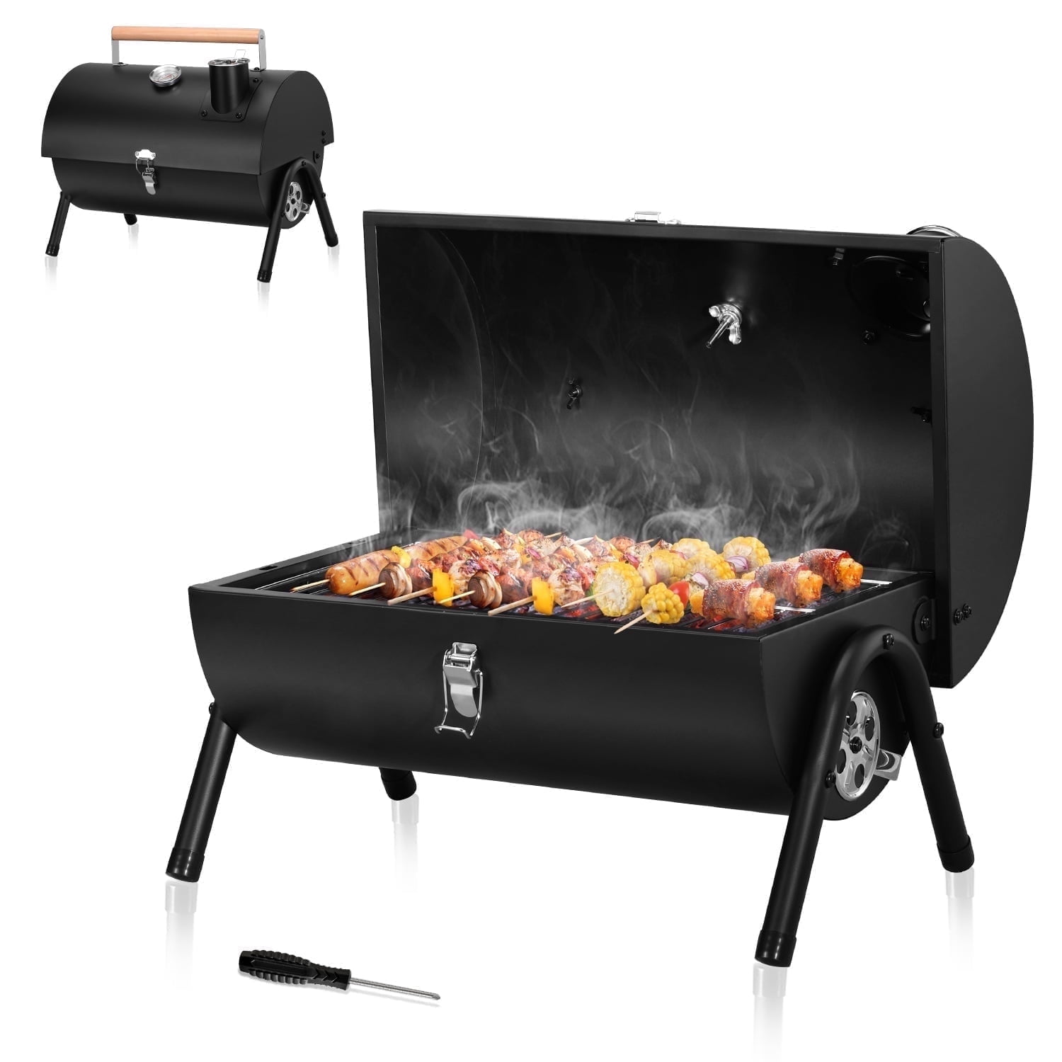 Walchoice Small BBQ Pit, Portable Barrel Charcoal Smoker with Built-in Thermometer, Small BBQ Pit for Backyard, Camping & Tailgating