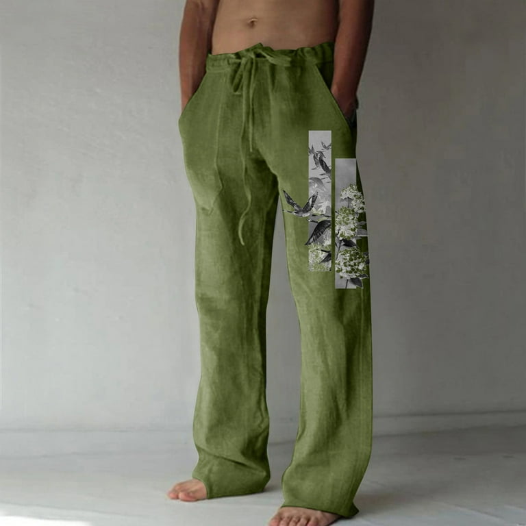 Uorcsa Versatile Floral Printed Cotton Wide Leg Long Lace Up Outdoor Cotton  Linen Mens Pants Green