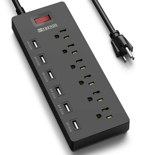 HITRENDS Protector contra sobretensiones de regleta de enchufes con 6 Salidas de CA y 6 Puertos USB