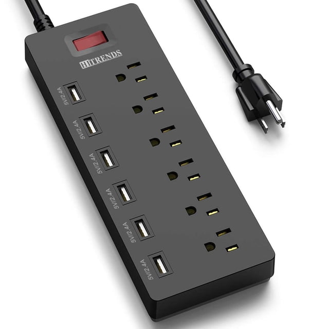 HITRENDS Protector contra sobretensiones de regleta de enchufes con 6 Salidas de CA y 6 Puertos USB