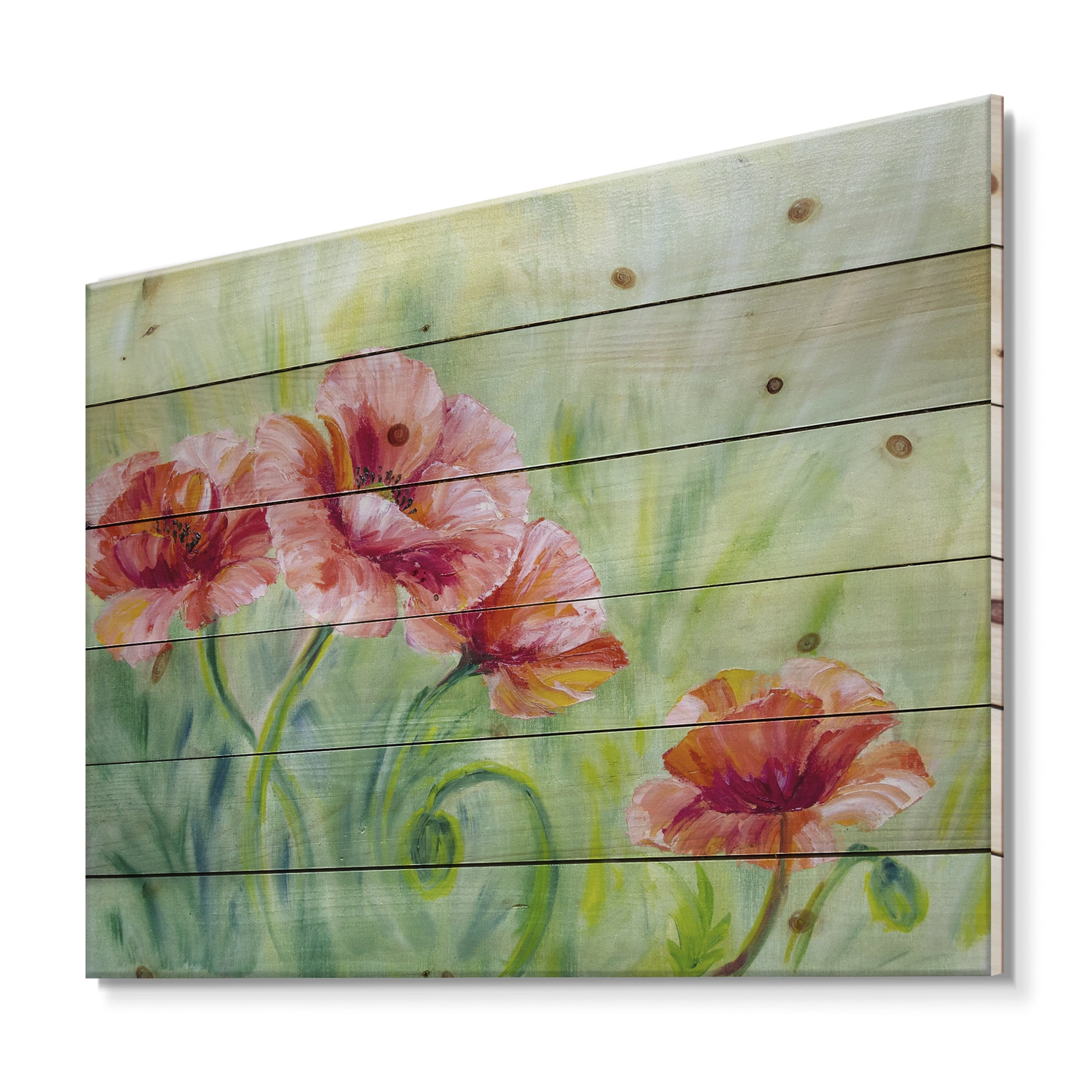 Designart 'Red Blossoming Poppies Over Wild Green II' Traditional Print on Natural Pine Wood