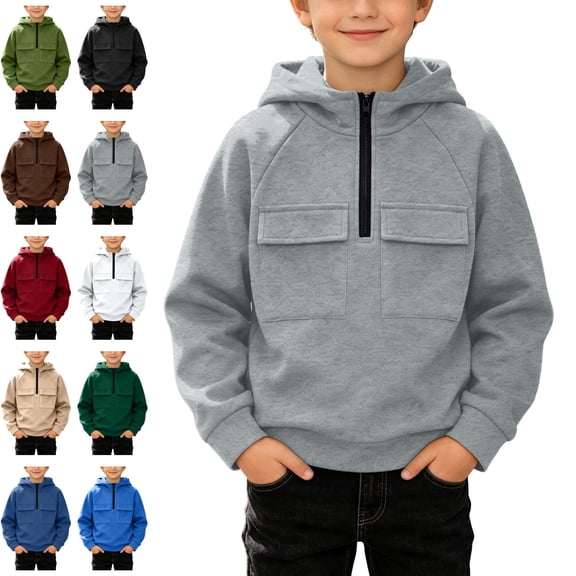 Sentuca Boys Hoodies Half Zip Fleece Pullover Sweatshirts with Pockets Long Sleeve Fall Winter Warm Sports Tween Tops Size 12Y