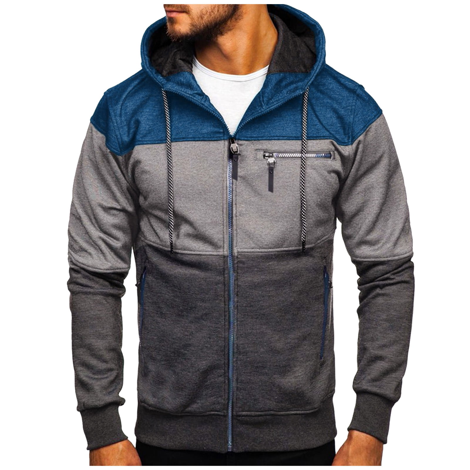 Stsed Mens Jackets Young Casual Knit Sweater Zipper Kangaroo Pocket Hooded 