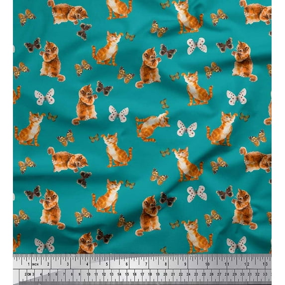 Soimoi Green Cotton Jersey Fabric Insect & Cat Animal Decor Fabric Printed BTY 58 Inch Wide