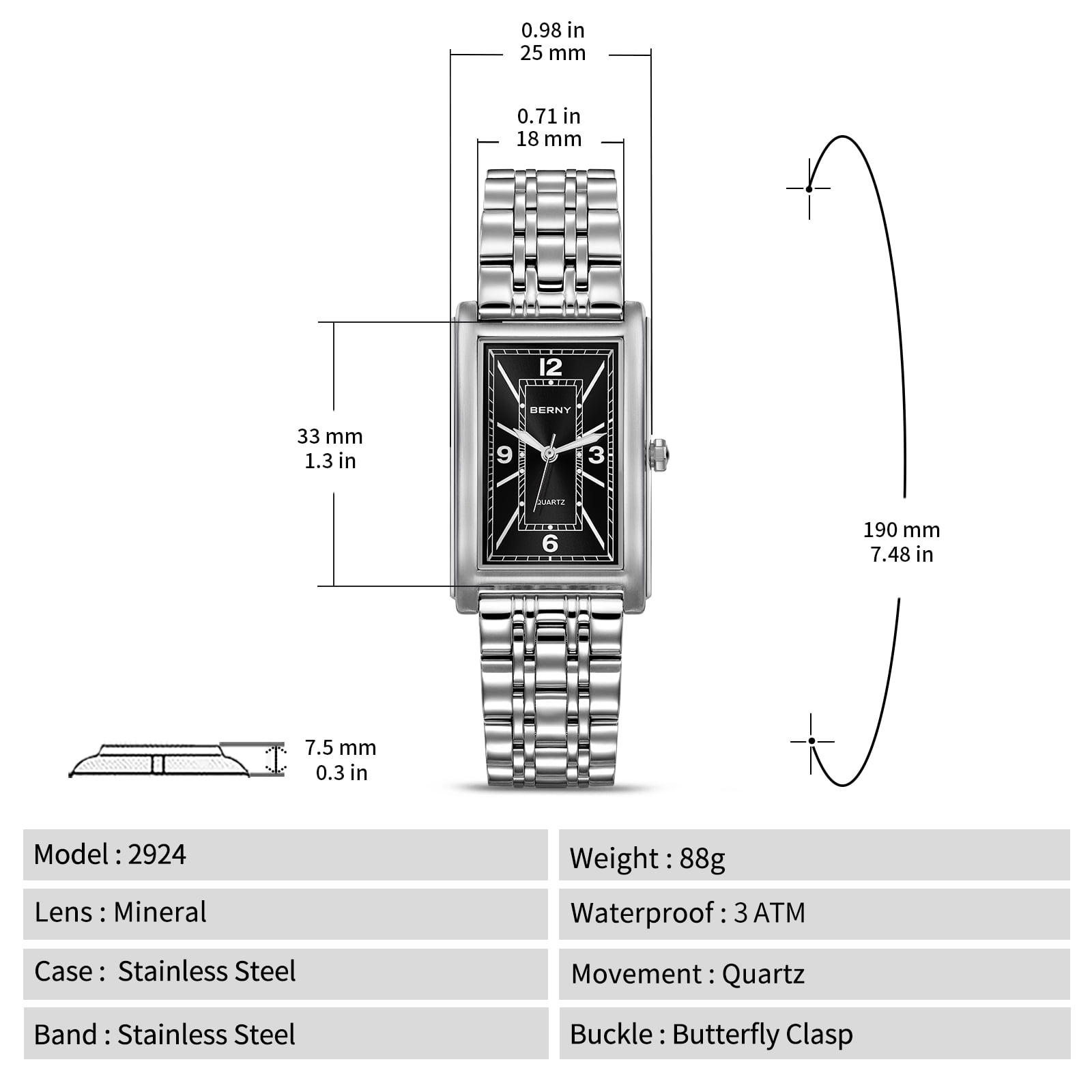 BERNY Rectangular Silver Watch for Men, Fashion Waterproof Analog Quartz Wristwatch, Stainless Steel, Luminous, Arabic Numeral, Business Dress Men's Watches (Black)