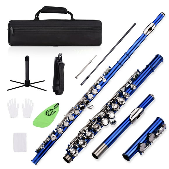 Yeacher Closed Hole C Flute 16 Keys Cupronickel Nickel-plated Wind Instrument with Carry Case Flute Stand Gloves Cleaning Cloth Mini Screwdriver Cleaning Rod