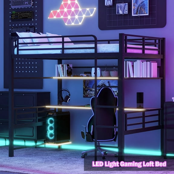 Bellemave Modern Industrial Full Size Loft Bed with Desk and Storage Shelf Esports Gaming Metal Loft Bed with LED Lights Heavy Duty Full Loft Bed Frame for Teens, Adult, Gamers, Black