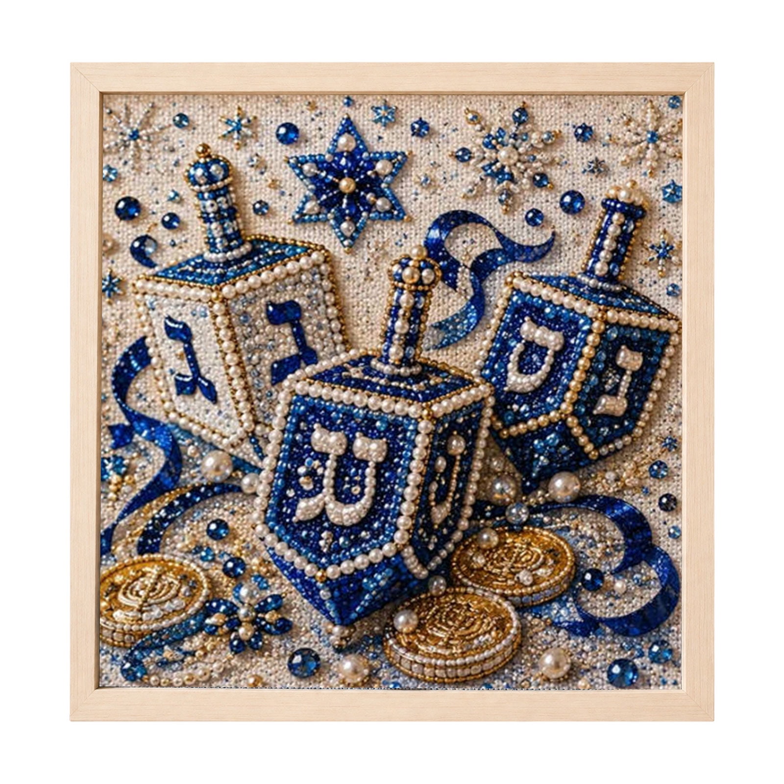 Diamond Art Canvas Kit with Hanukkah Dreidel Design and Wooden Frame Square Canvas Blue and Gold for Holiday Home Decor Diy Craft Kit