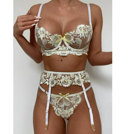 

Pxiakgy underwear women set Lace Underwear Set Fashion Underwire Bra + Thong + Garter 3pcs Suit Yellow + L