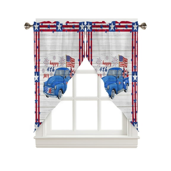 Swag Curtains, Happy 4th of July Blue Truck Retro Wood Grain Rod Pocket Kitchen Curtains Valances Tier Curtains Swag Valance Curtains for Bedroom Living Room 28" x 36", 2 Panels