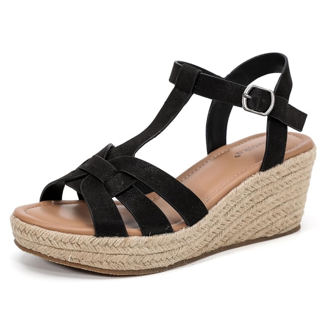 Sandalias Luoika 23001 para mujer, plataforma de cuña ancha, color negro, 11 x W