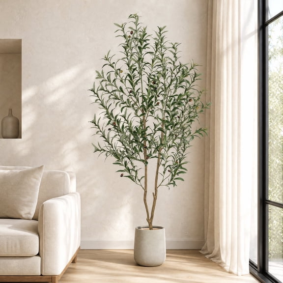 ROMSWI 6FT Artificial Tree Tall with Pot, Olive Faux Plant with Lifelike Fruits and Natural Wood Trunk for Indoor Home House Office Decor