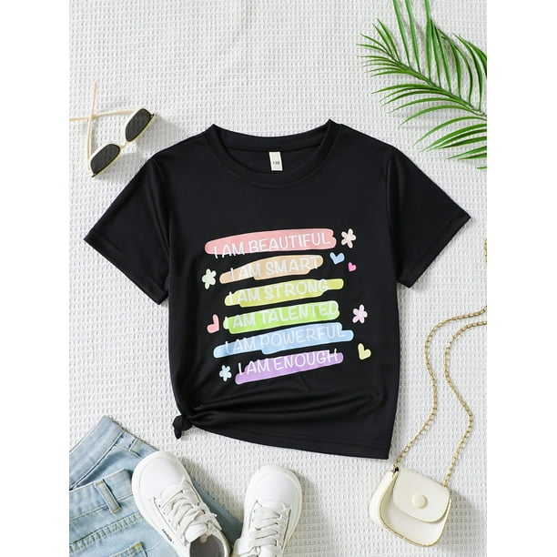 Camiseta informal de verano para niña, estilo coreano, negra, con estampado de arcoíris colorido y afirmación positiva, cuello redondo y manga corta en algodón - Perfe