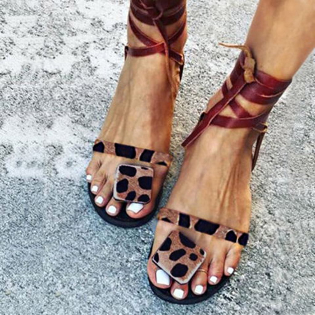 2021 Women Posh Gladiator Comfy Sandal Leopard Cutout Thong Sandals Vintage Casual Back Zip Flat Heel Clip-Toe Shoes 