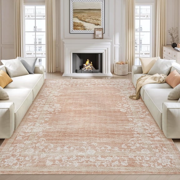 8x10 Vintage Floral Bordered Distressed Faux Wool Area Rug, Non Slip Washable Low Pile Living Room Dining Room Carpet,pink