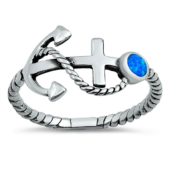 Round Blue Simulated Opal Anchor of Hope Ring Sterling Silver Size 9