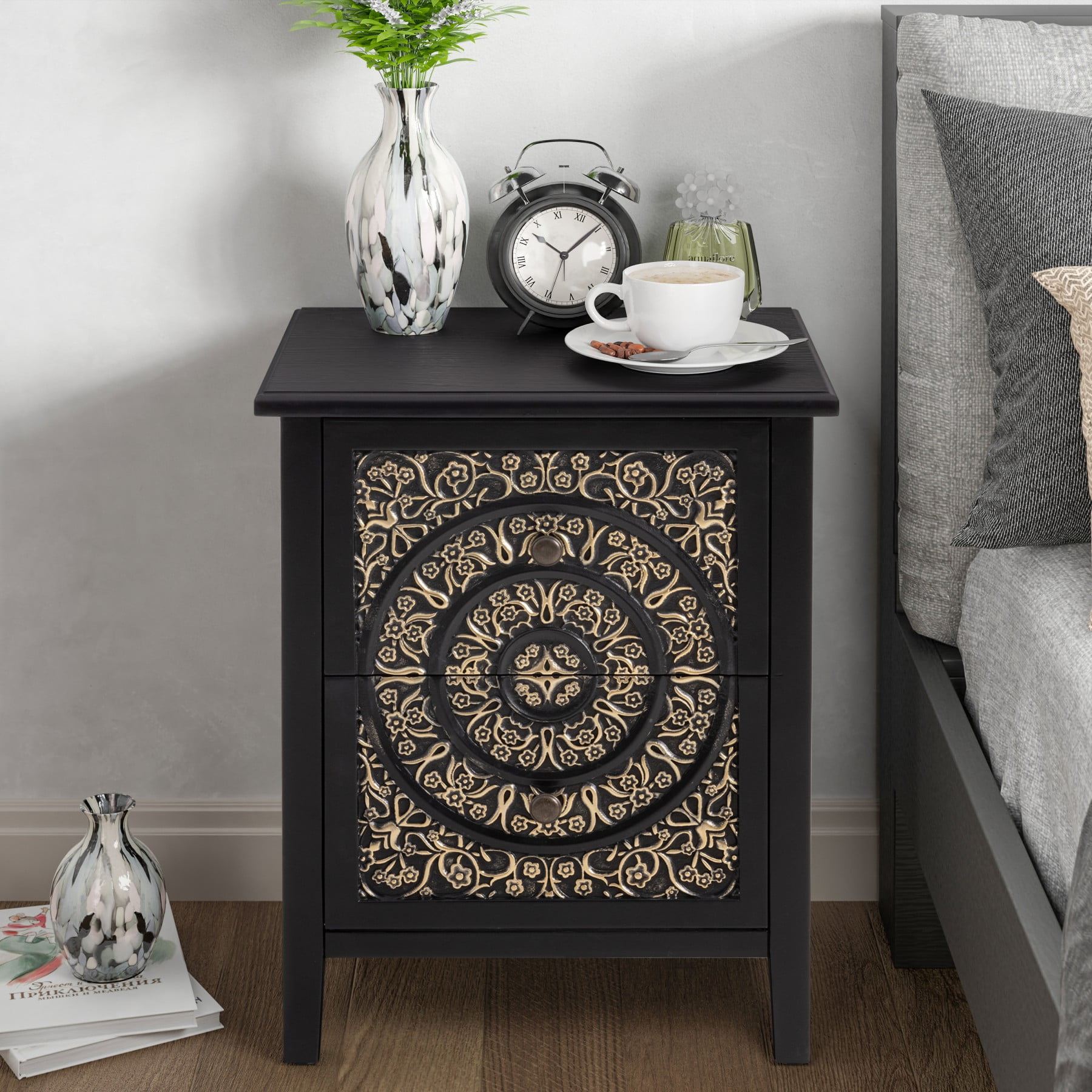 COZAYH 2-Drawer Fully-Assembled Flower Motif Nightstand for Small Spaces, French Country, Modern, Distressed Finish, Gold & Black
