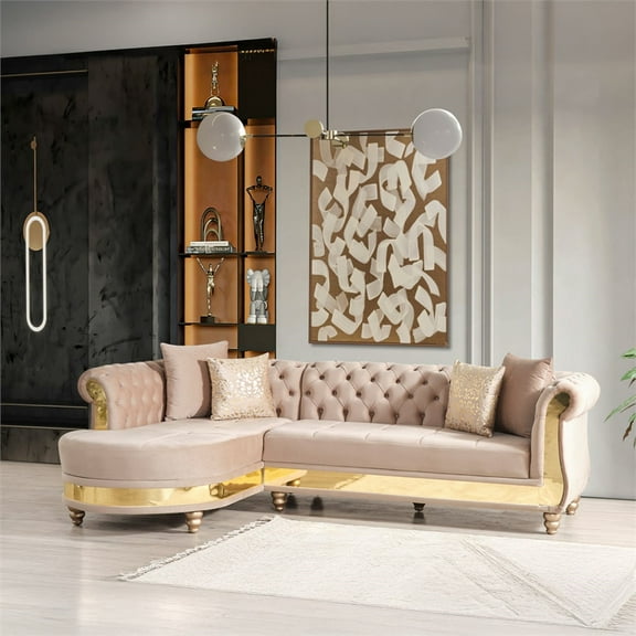 Julia Gold Detailed Tufted Upholstery Sectional made with Wood In Taupe