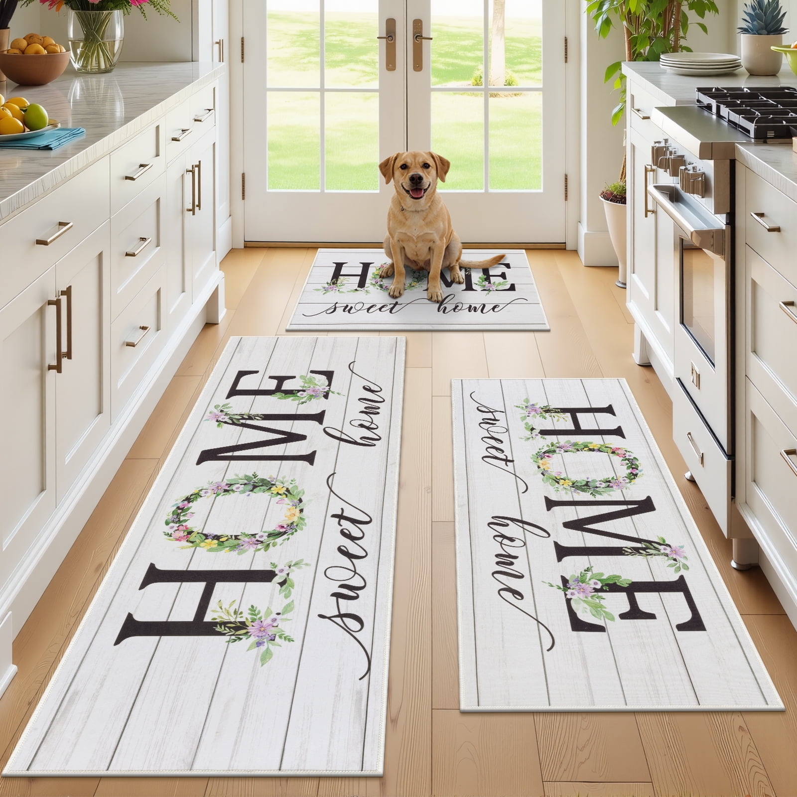Vaukki Kitchen Rugs Sets of 3 Non Slip Washable Kitchen Mats for Floor,Waterproof Floor Mat Carpet for Kitchen,Laundry,Sink,White
