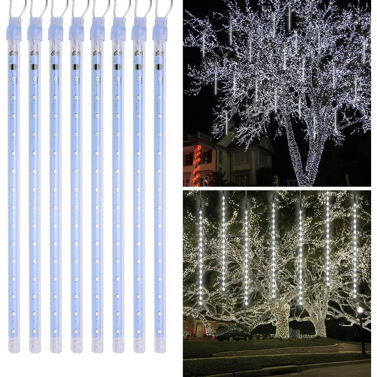 Morttic Meteor Shower Lights Outdoor,19.7 inch 8 Tubes 288 LED Snow Falling String  Lights,Waterproof Rain Drop Cascading Icice Lights for Christmas Tree  Garden Party Deocration,White 