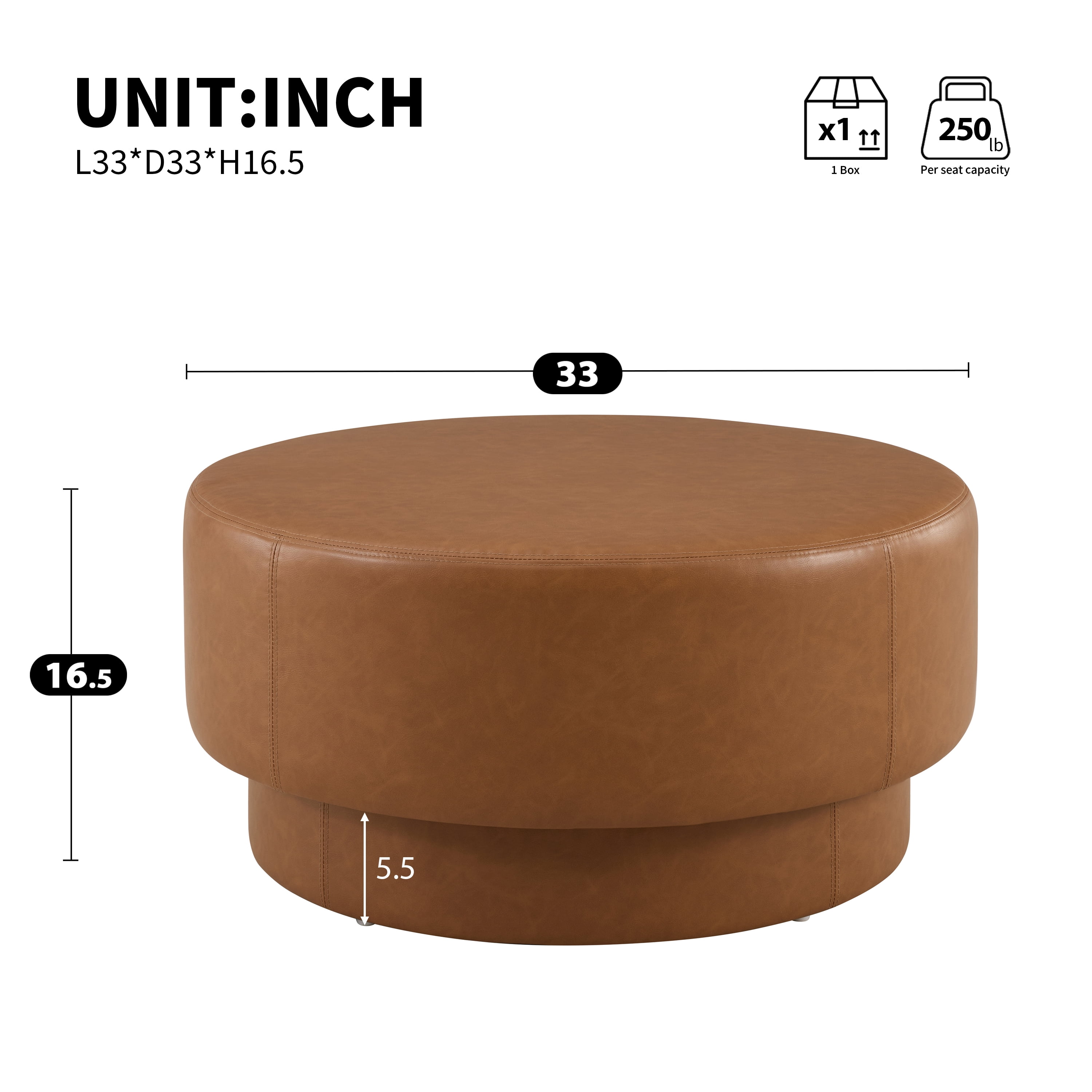 GARITIN Round Ottoman 33 Inch, Modern Double Deck Upholstered Footrest with Faux Leather Cover for Living Room, Brown