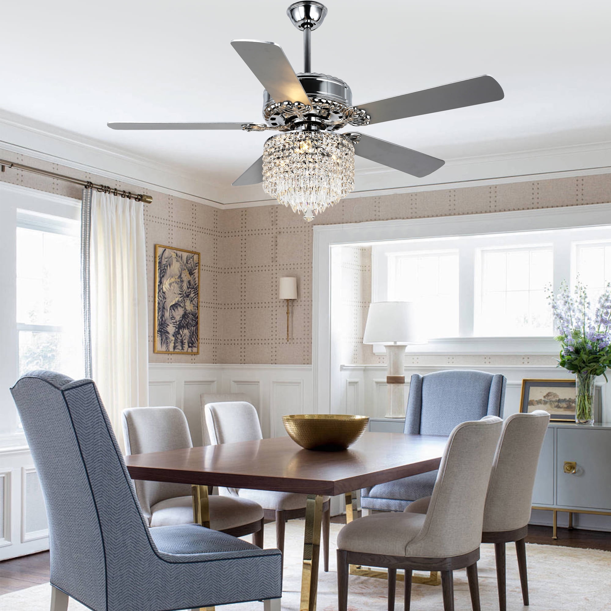 52" Modern Silver Crystal Ceiling Fan with Light and Remote Control, 6-Speed Reversible DC Motor