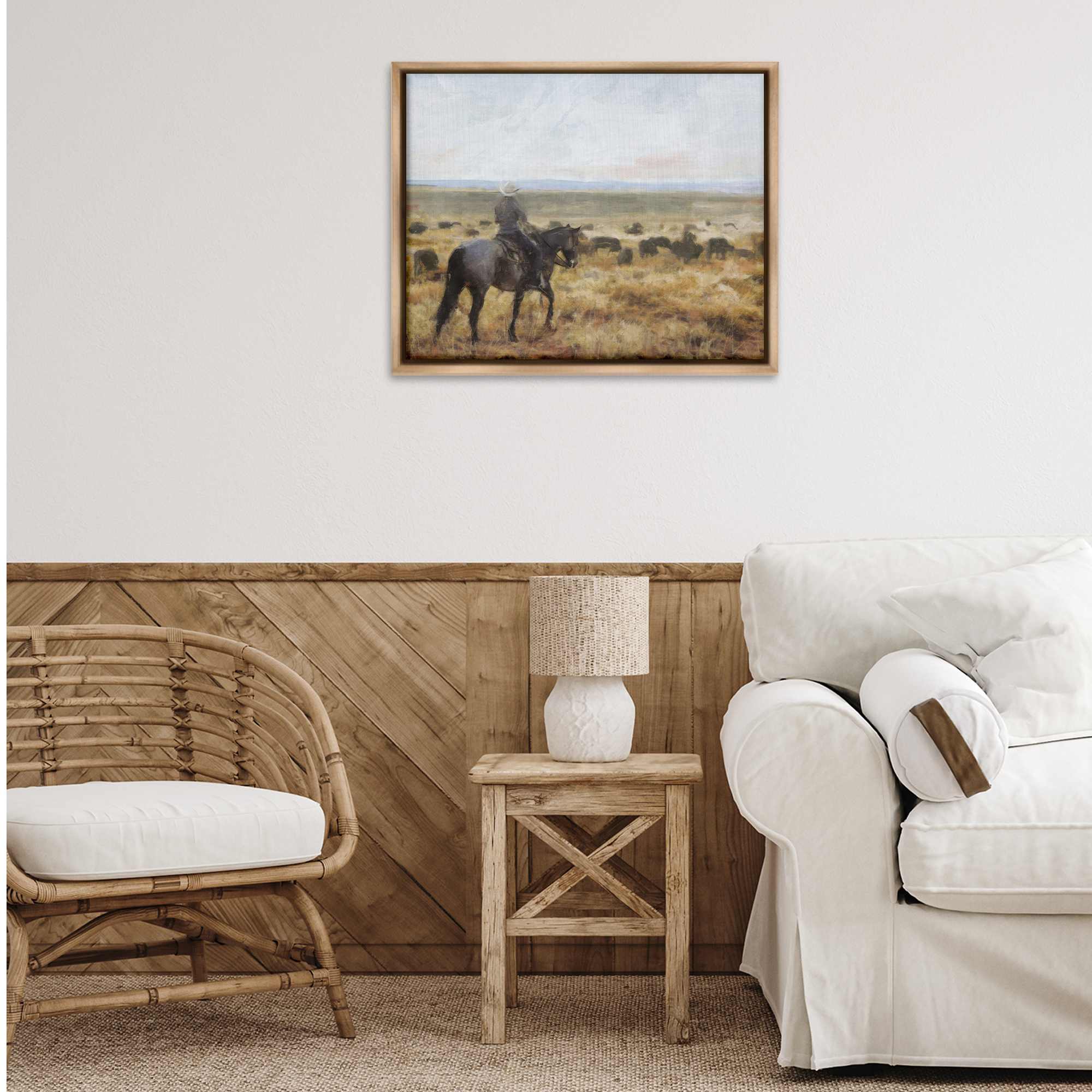Stupell Industries On The Range Cowboy Landscape Painting Brown Floater Framed Canvas Art Print Wall Art, 31 x 25