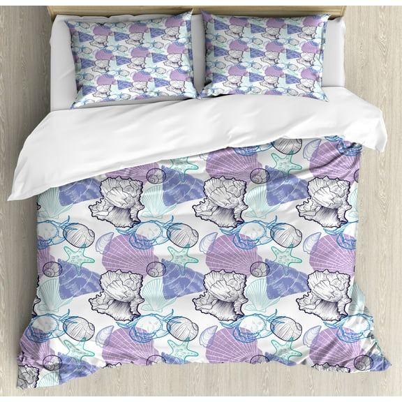 Nautical Duvet Cover Set Queen Size, Detailed Sketch of Sea Shells Mussels Crabs and Starfishes Art Print, Decorative 3 Piece Bedding Set with 2 Pillow Shams, White and Multicolor, by Ambesonne