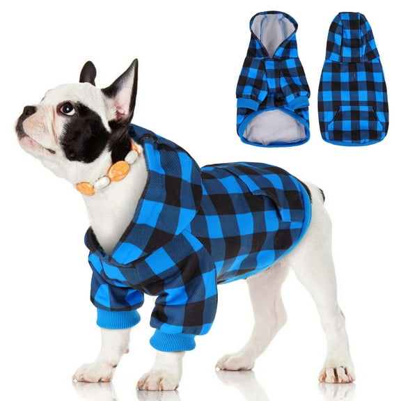 PUMYPOREITY Warm Fleece Lined DogHoodie for Small Medium Dogs, British Style Plaid Dog Hoodie with Leash Hole for Cold Weather/Winter Dog Apparel Blue
