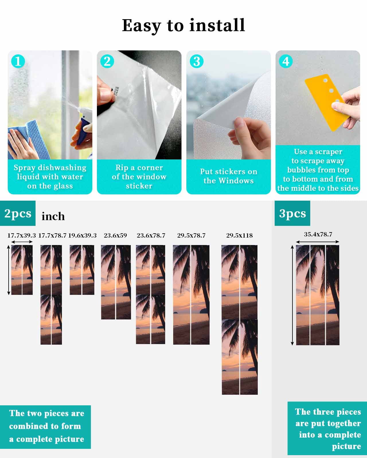 Window Privacy Film Sunset Summer Stained Glass Window Film Decorative Sun Block Window Cover Seasides Palm Tree Leaves Scene Window Clings Static Adhesive Sticker for Bathroom 23.6"x59"