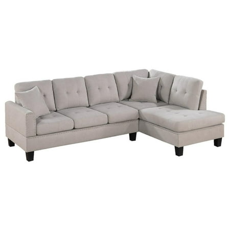 Dema 2pc Sectional Sofa Set, Chaise, 2 Pillows, Textured Beige Velvet