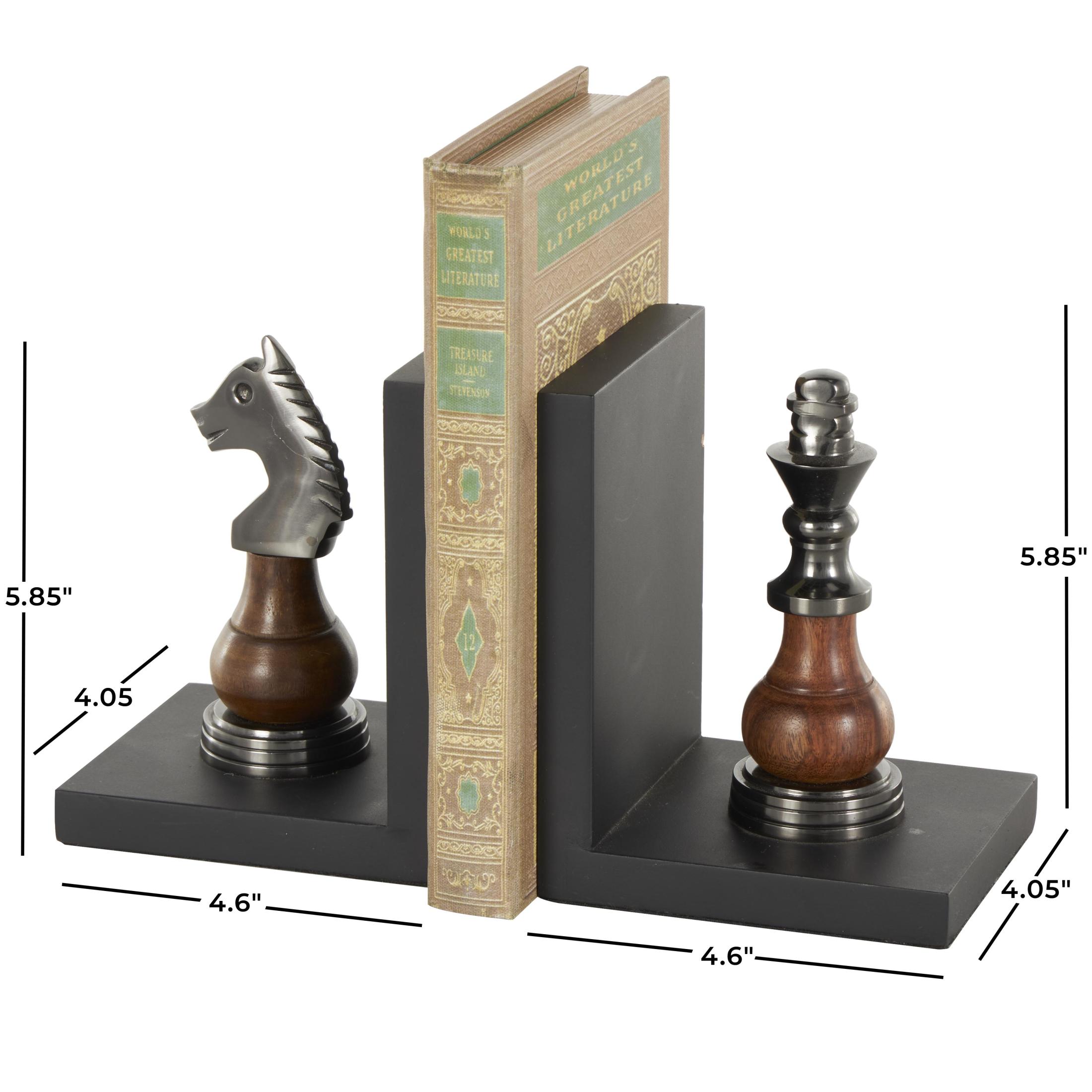 DecMode 4" Chess Black Aluminum Metal Bookends with Aluminum Accents (Set of 2)