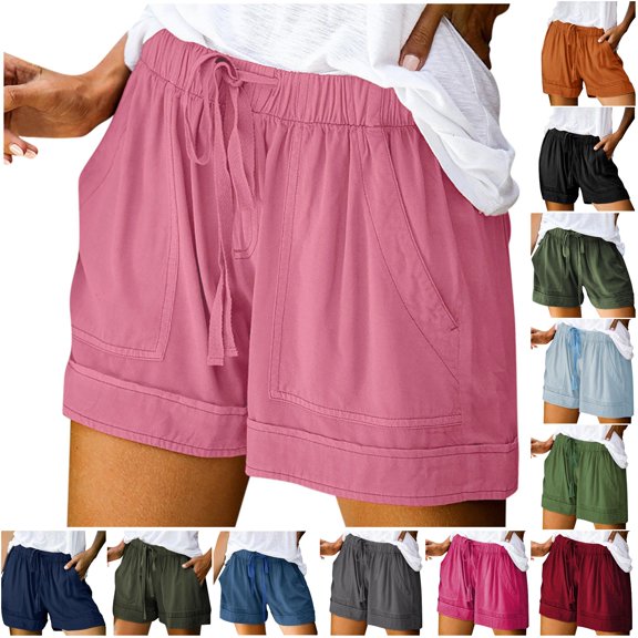 Rggeeun Women'S Shorts Elastic Waist Solid Color Wide Leg Draping with Adjustable Tie & Large Plus Pockets Blend Breathable for Summer Evening Party Versatile Bottoms,Pink,Xl