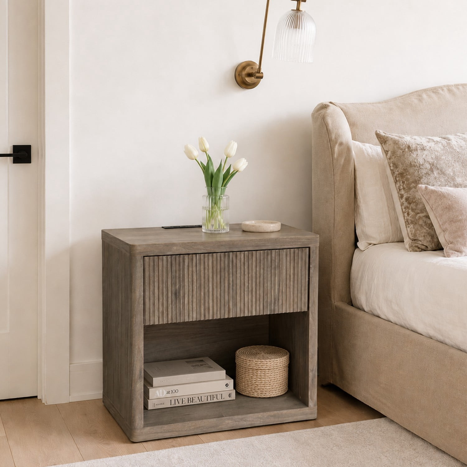 Modern Fluted Nightstand with Drawer Storage, Large Wide Bedside Table with Open Shelf, Mid Century End Table for Bedroom, Living Room Sofa Couch, Home Office, Grey