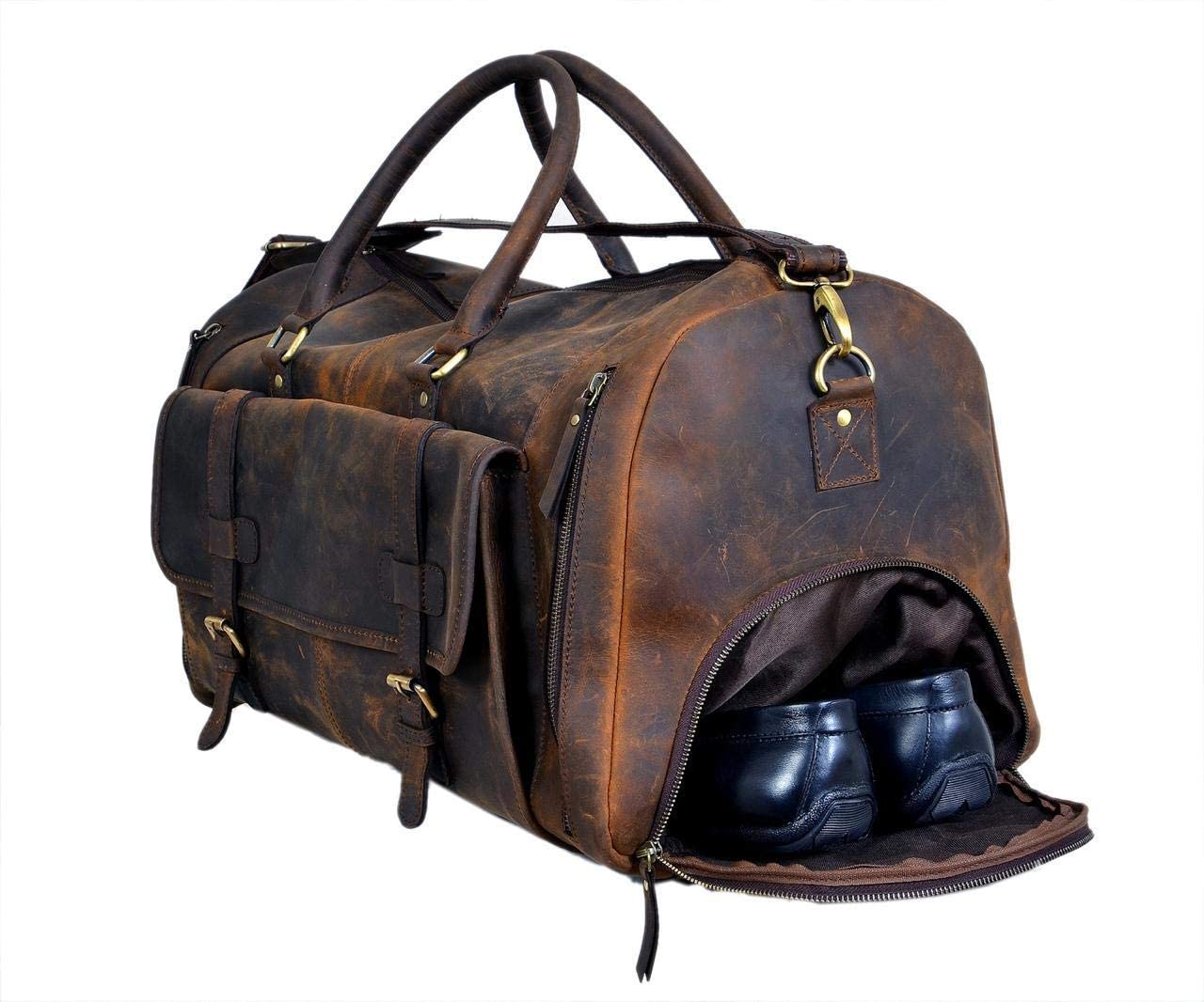 28" Large leather Travel Bag Duffel bag Gym sports flight cabin bag Leather Holdall Overnight Weekend Large luggage bag