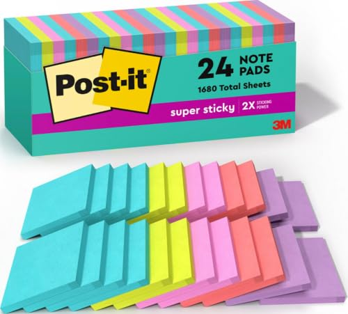 Post-it Super Sticky Notes, 3" x 3", Supernova Neons, 24 Pads