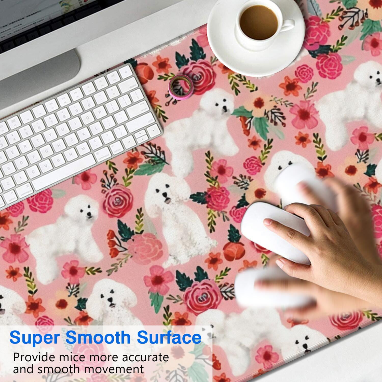 Long Mouse Pads for Desk,Bichon Frise Dog and Pioneer Flower Desk Mats on Top Of Desks, Desk Mouse Pad Extra Large with 3mm Non-Slip Base and Stitched Edge for Gaming,Office,Work,Home 47.3"x23.6"