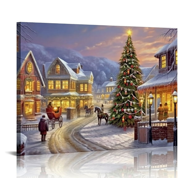 COMIO Large Christmas Canvas Wall Art - Christmas Winter Wall Art For Living Room, City Street View Christmas Tree Pictures Wall Decor For Home Framed Canvas Prints Ready To Hang
