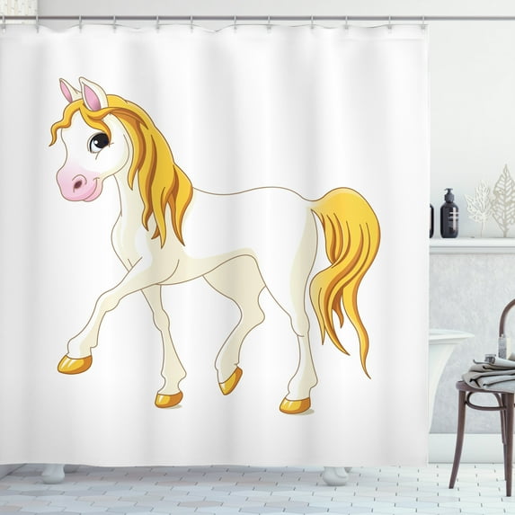 Pony Shower Curtain, Childish Funny Cartoon of Smiling Horse Animal Print Illustration, Fabric Bathroom Set with Hooks, 69W X 84L Inches Extra Long, White Mustard Eggshell and Pink, by Ambesonne
