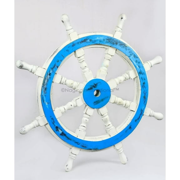 Nagina International Premium Handcrafted Wall Sculpture & Decor Accent Nautical Antique Ocean Beach Decorative Ship Wheels | Maritime Wall Decor & Gifts (20 Inches, Ocean Blue)