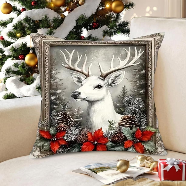 Juego de fundas de almohada navideñas con lazos de Papá Noel, reno y muñeco de nieve | Funda de cojín de lino de 45 x 45 cm | Decoración festiva para el hogar