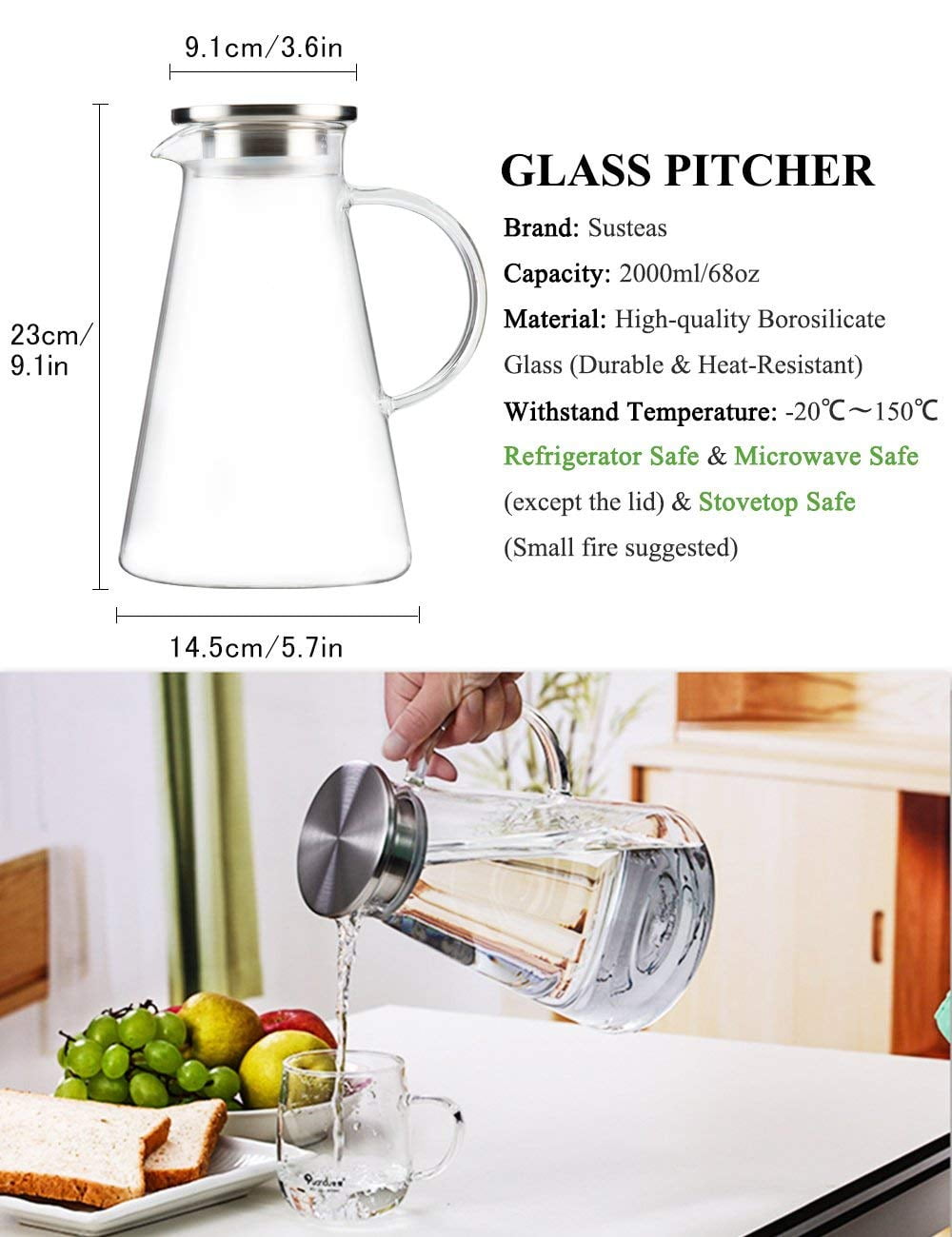 Ebern Designs 1.5 Liter 51 Oz Glass Pitcher With Lid, Glass Water Pitcher  For Fridge, Glass Carafe For Hot/cold Water, Iced Tea Pitcher, Large Pitcher  For Coffee, Juice And Homemade Beverage 
