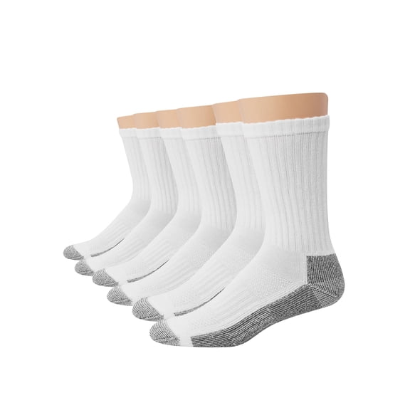 Hanes Double Tough Men's Work Crew Socks, Shoe Sizes 12-14, 6-Pairs White 6-12