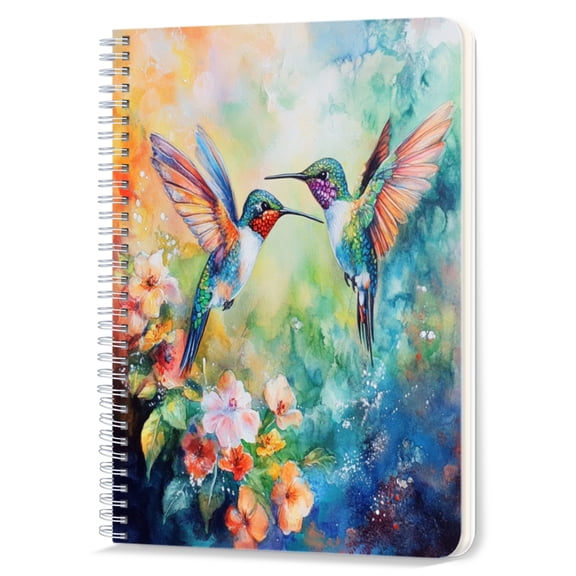 Spiral Notebook,Double-Wire Spiral College Lined Journal Notebook for Study and Notes,100 Pages,5.71x 8.26 in - Hummingbirds in a Water colored Floral Landscape