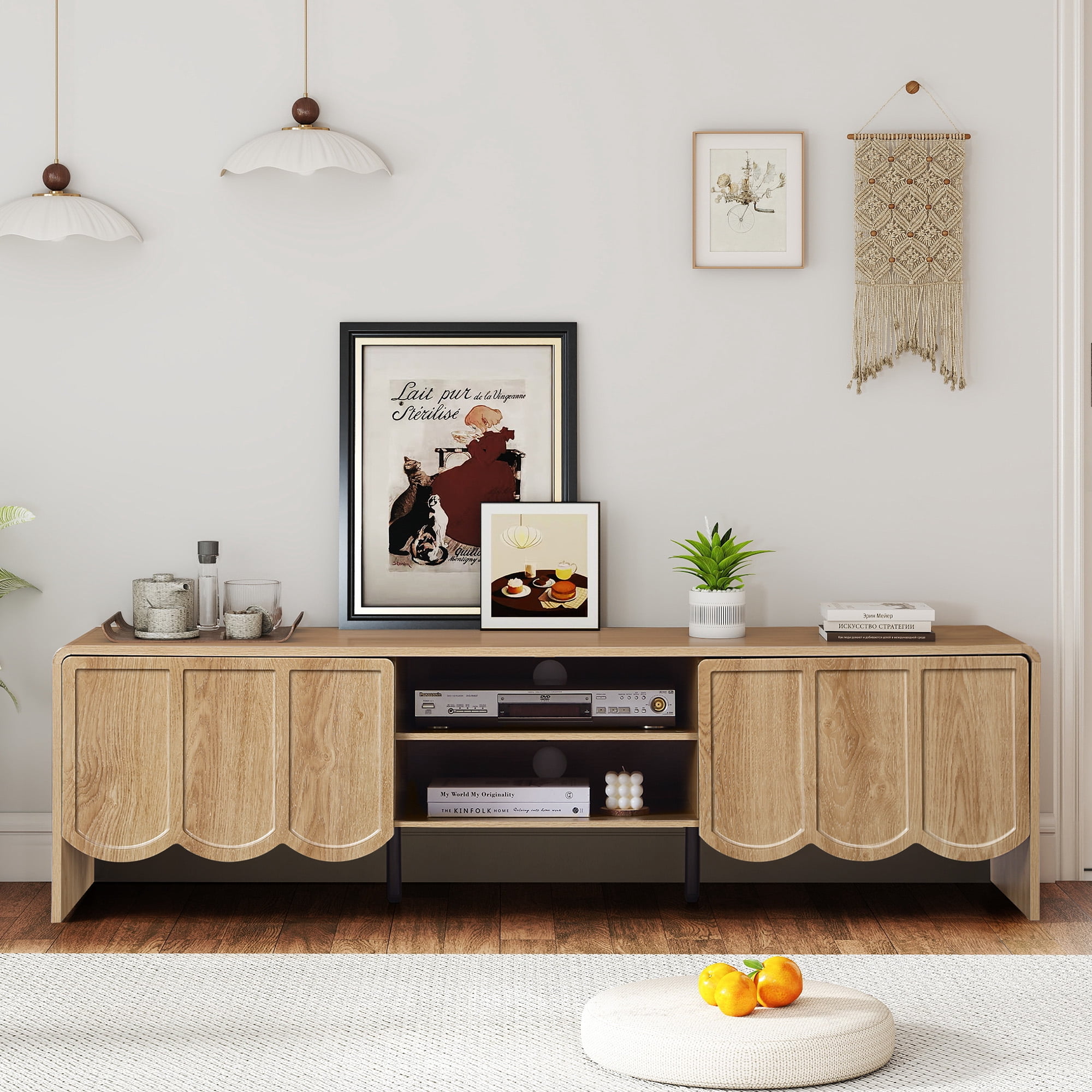 YOCWO TV Stands for 65 inch tv, TV Stand with Sliding Wave Doors, Wood Entertainment Center for TVs, Media Console Cabinet with Open Storage for Living Room, Natural